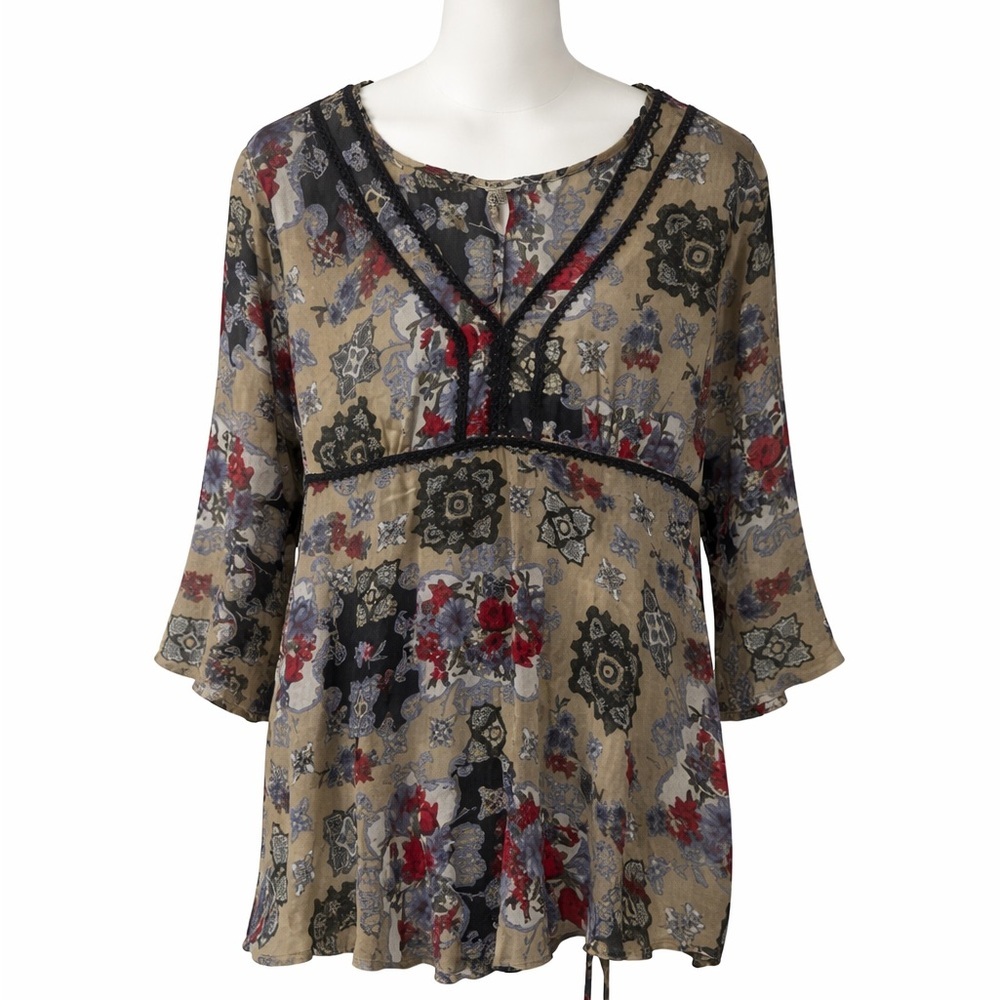 Dressbarn Multicolor Patterned V-Neck Tunic Sheer Overlay Size Large